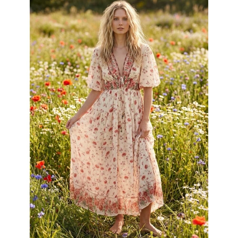Free People Lysette Maxi Dress in Tea Combo Small Bohemian Gypsy Indian Cotton - Picture 15 of 15